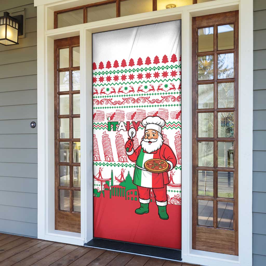 Italy Christmas Door Cover with Pizza Chef Santa Leaning Tower Colosseum and Red Green Holiday Pattern Design - Wonder Print Shop