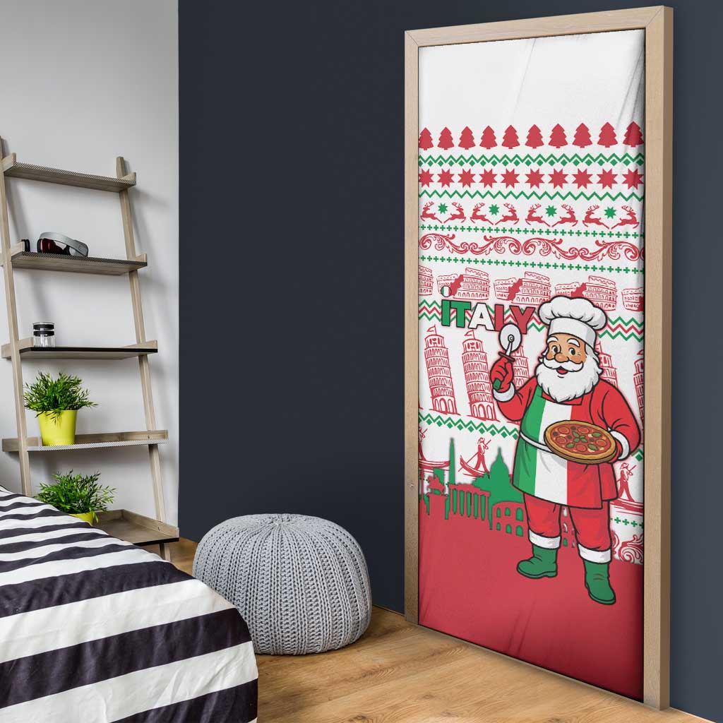 Italy Christmas Door Cover with Pizza Chef Santa Leaning Tower Colosseum and Red Green Holiday Pattern Design - Wonder Print Shop
