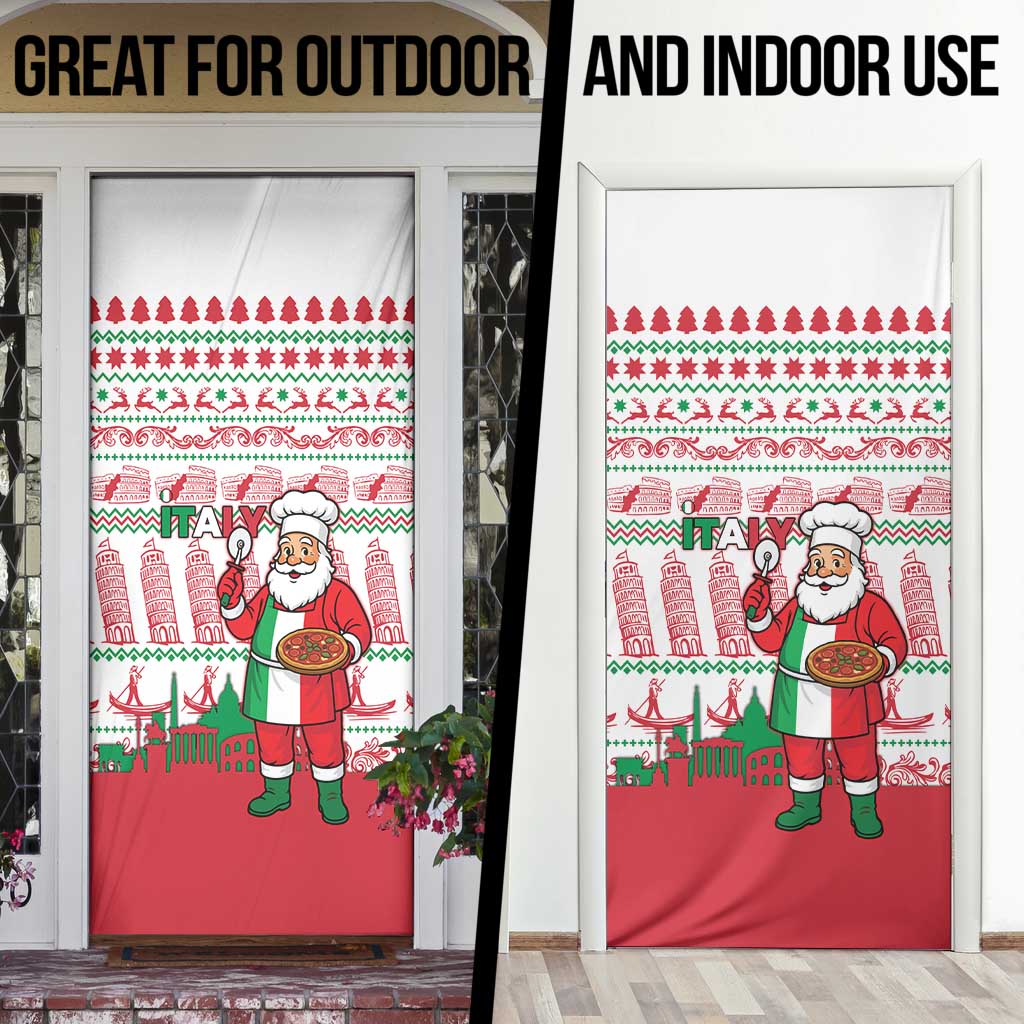Italy Christmas Door Cover with Pizza Chef Santa Leaning Tower Colosseum and Red Green Holiday Pattern Design - Wonder Print Shop