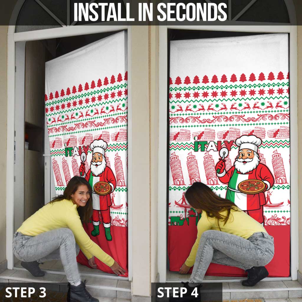 Italy Christmas Door Cover with Pizza Chef Santa Leaning Tower Colosseum and Red Green Holiday Pattern Design - Wonder Print Shop