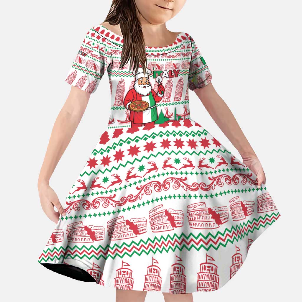 Italy Christmas Family Matching Long Sleeve Bodycon Dress and Hawaiian Shirt with Pizza Chef Santa Leaning Tower Colosseum and Red Green Holiday Pattern Design - Wonder Print Shop