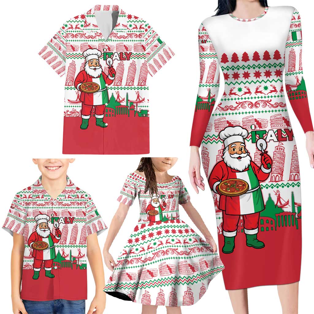 Italy Christmas Family Matching Long Sleeve Bodycon Dress and Hawaiian Shirt with Pizza Chef Santa Leaning Tower Colosseum and Red Green Holiday Pattern Design - Wonder Print Shop
