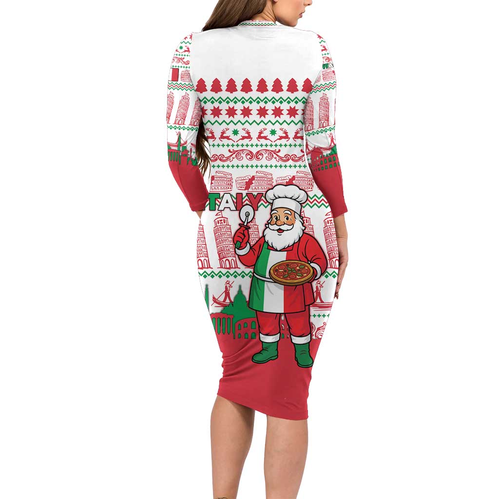 Italy Christmas Family Matching Long Sleeve Bodycon Dress and Hawaiian Shirt with Pizza Chef Santa Leaning Tower Colosseum and Red Green Holiday Pattern Design - Wonder Print Shop
