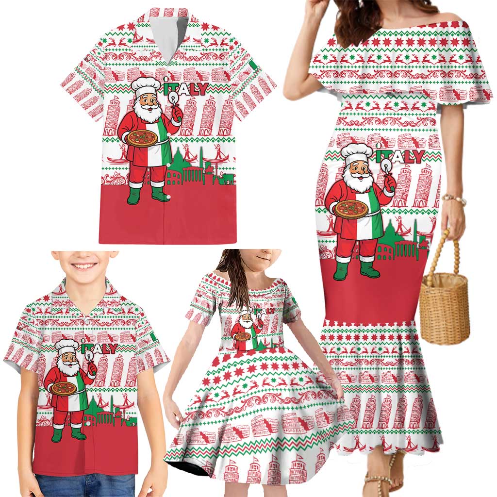 Italy Christmas Family Matching Mermaid Dress and Hawaiian Shirt with Pizza Chef Santa Leaning Tower Colosseum and Red Green Holiday Pattern Design - Wonder Print Shop
