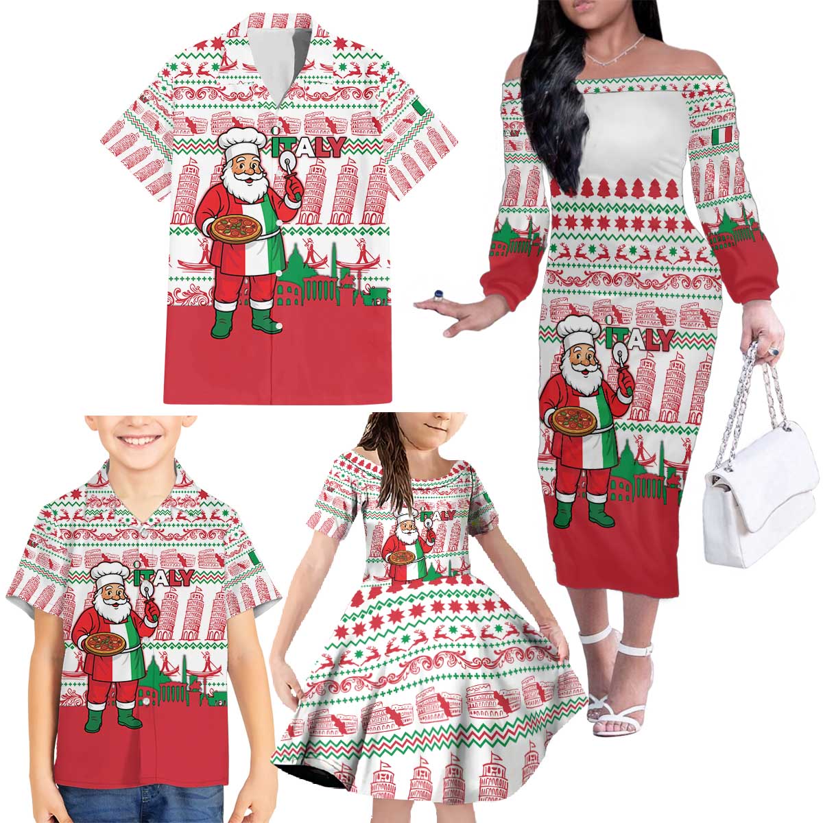 Italy Christmas Family Matching Off The Shoulder Long Sleeve Dress and Hawaiian Shirt with Pizza Chef Santa Leaning Tower Colosseum and Red Green Holiday Pattern Design - Wonder Print Shop