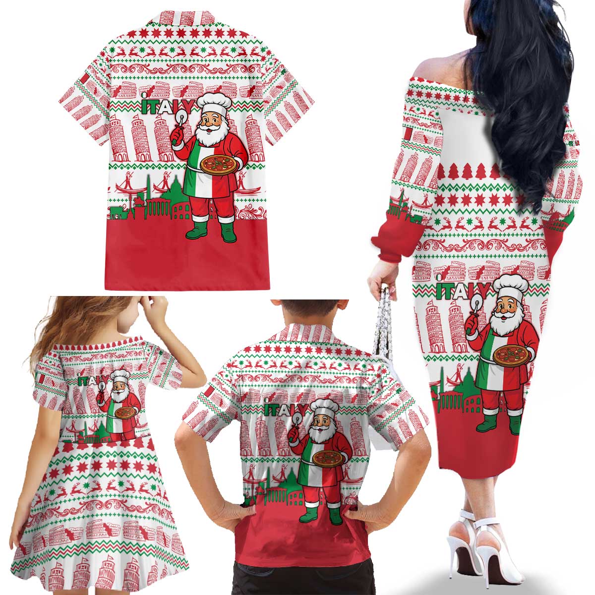 Italy Christmas Family Matching Off The Shoulder Long Sleeve Dress and Hawaiian Shirt with Pizza Chef Santa Leaning Tower Colosseum and Red Green Holiday Pattern Design - Wonder Print Shop