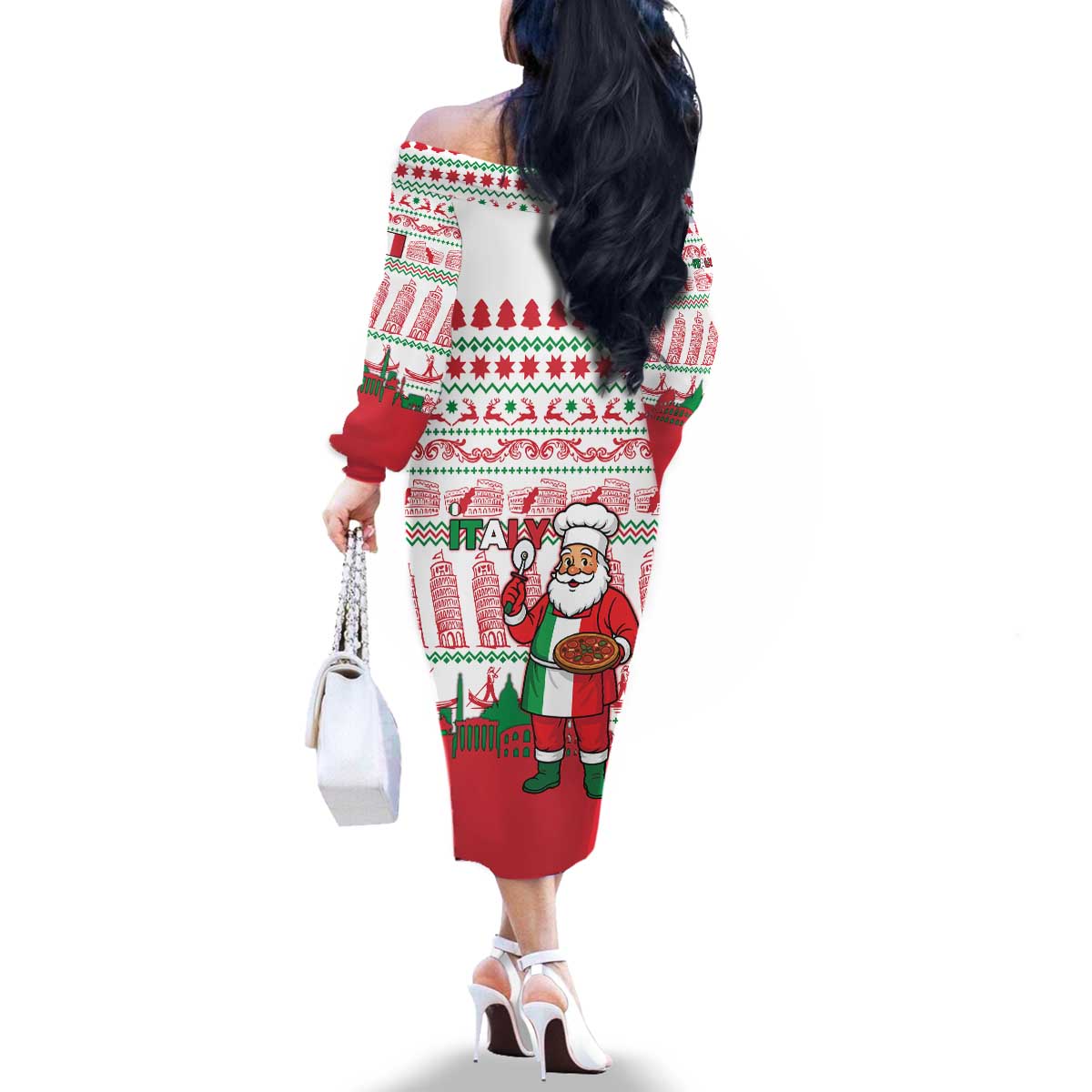 Italy Christmas Family Matching Off The Shoulder Long Sleeve Dress and Hawaiian Shirt with Pizza Chef Santa Leaning Tower Colosseum and Red Green Holiday Pattern Design - Wonder Print Shop