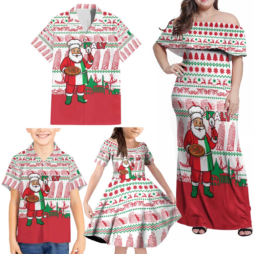 Italy Christmas Family Matching Off Shoulder Maxi Dress and Hawaiian Shirt with Pizza Chef Santa Leaning Tower Colosseum and Red Green Holiday Pattern Design - Wonder Print Shop