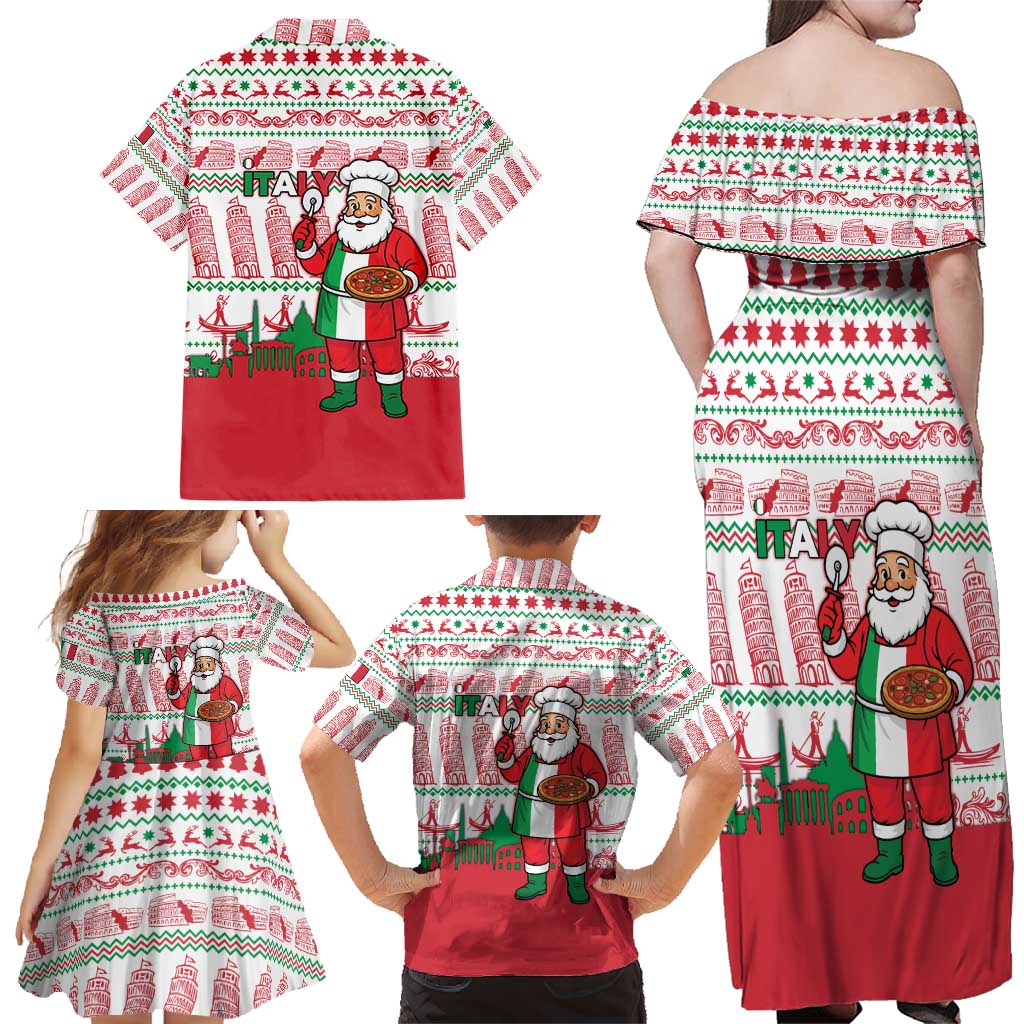 Italy Christmas Family Matching Off Shoulder Maxi Dress and Hawaiian Shirt with Pizza Chef Santa Leaning Tower Colosseum and Red Green Holiday Pattern Design - Wonder Print Shop