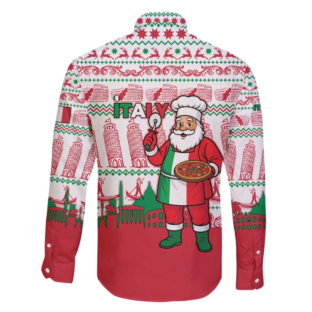 Italy Christmas Family Matching Off Shoulder Maxi Dress and Hawaiian Shirt with Pizza Chef Santa Leaning Tower Colosseum and Red Green Holiday Pattern Design - Wonder Print Shop