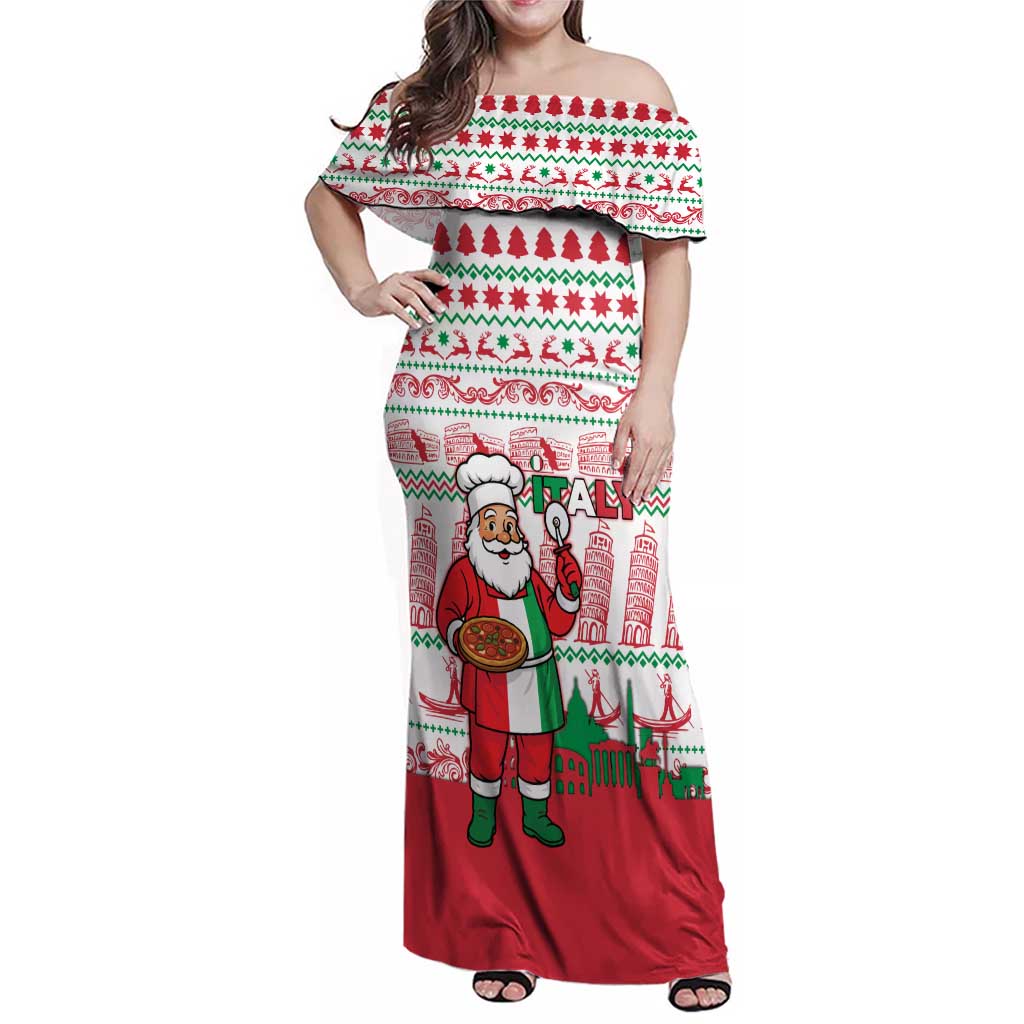 Italy Christmas Family Matching Off Shoulder Maxi Dress and Hawaiian Shirt with Pizza Chef Santa Leaning Tower Colosseum and Red Green Holiday Pattern Design - Wonder Print Shop