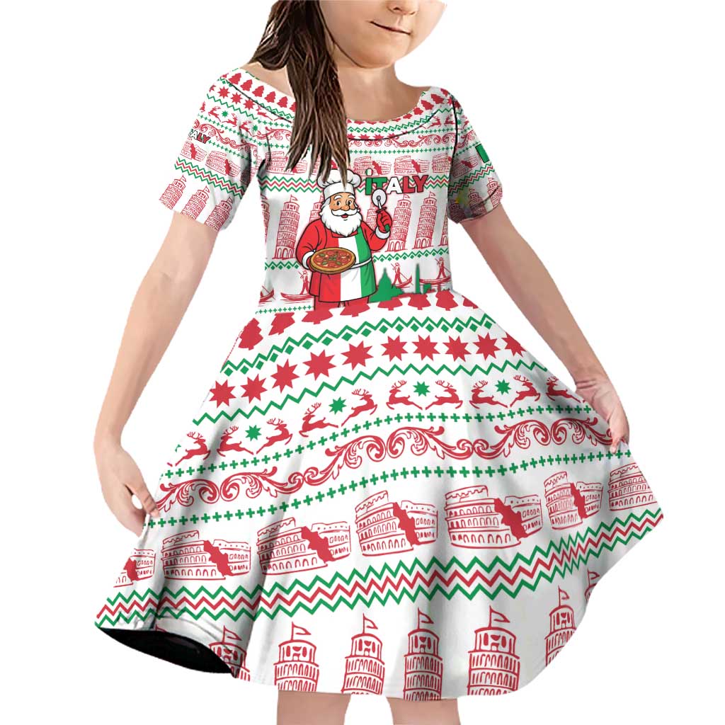 Italy Christmas Family Matching Off Shoulder Short Dress and Hawaiian Shirt with Pizza Chef Santa Leaning Tower Colosseum and Red Green Holiday Pattern Design - Wonder Print Shop