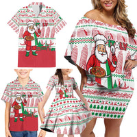 Italy Christmas Family Matching Off Shoulder Short Dress and Hawaiian Shirt with Pizza Chef Santa Leaning Tower Colosseum and Red Green Holiday Pattern Design - Wonder Print Shop