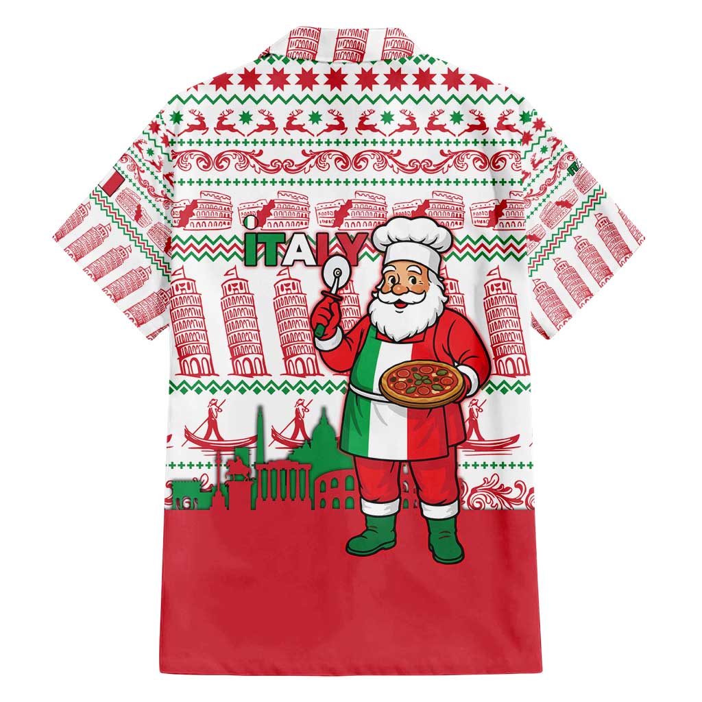 Italy Christmas Family Matching Off Shoulder Short Dress and Hawaiian Shirt with Pizza Chef Santa Leaning Tower Colosseum and Red Green Holiday Pattern Design - Wonder Print Shop