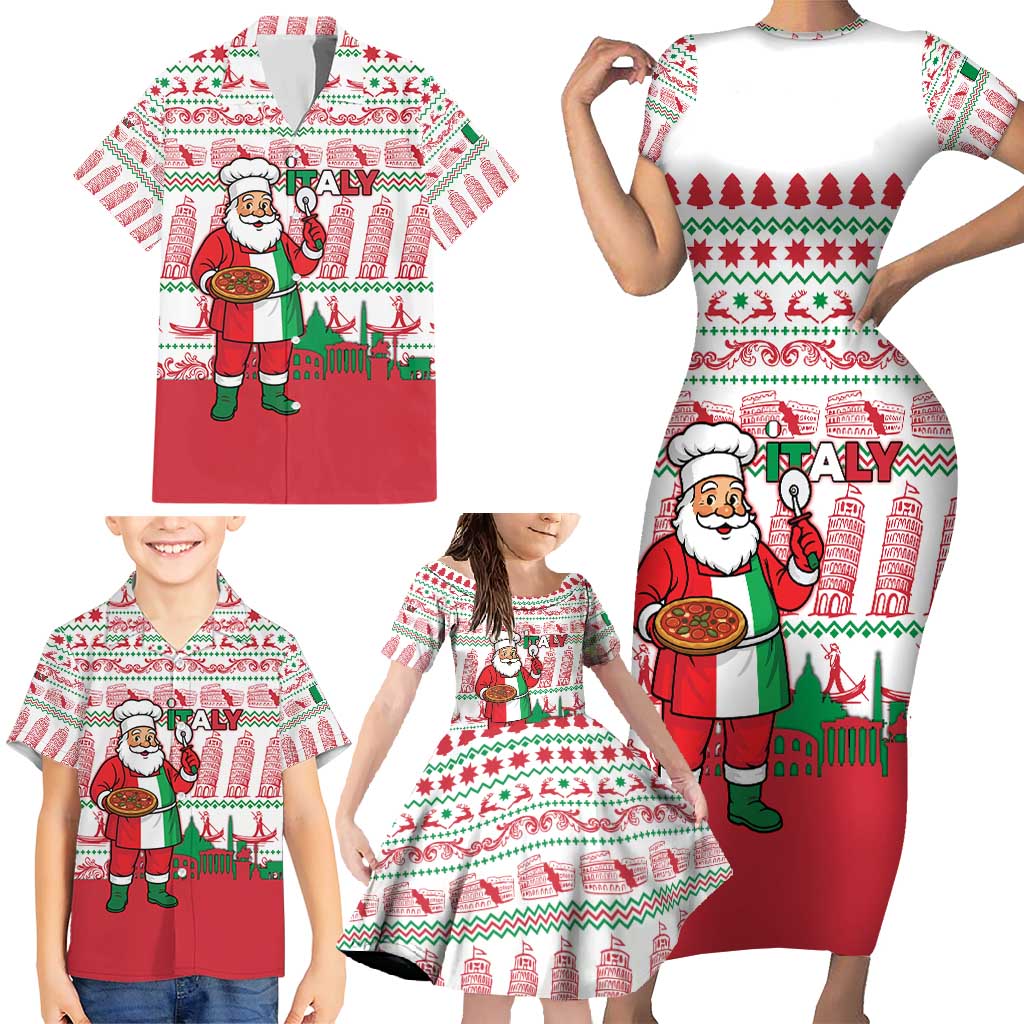 Italy Christmas Family Matching Short Sleeve Bodycon Dress and Hawaiian Shirt with Pizza Chef Santa Leaning Tower Colosseum and Red Green Holiday Pattern Design - Wonder Print Shop