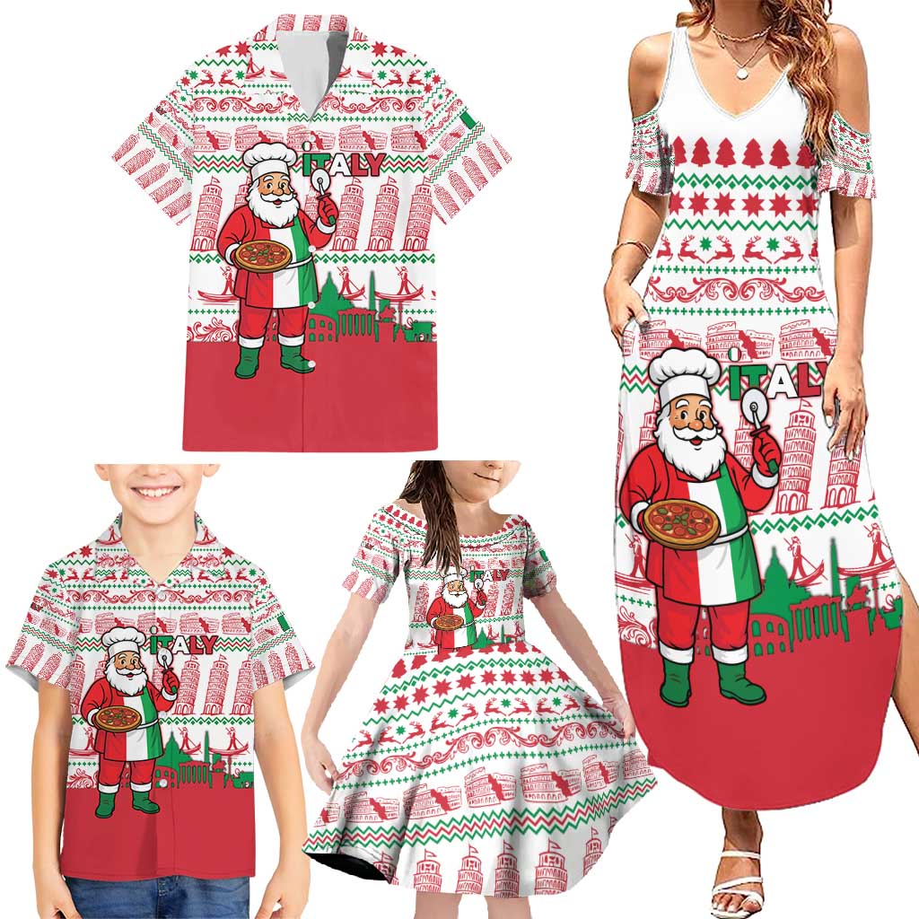 Italy Christmas Family Matching Summer Maxi Dress and Hawaiian Shirt with Pizza Chef Santa Leaning Tower Colosseum and Red Green Holiday Pattern Design - Wonder Print Shop