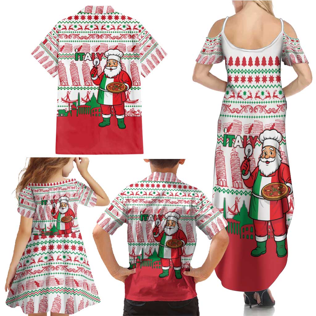 Italy Christmas Family Matching Summer Maxi Dress and Hawaiian Shirt with Pizza Chef Santa Leaning Tower Colosseum and Red Green Holiday Pattern Design - Wonder Print Shop