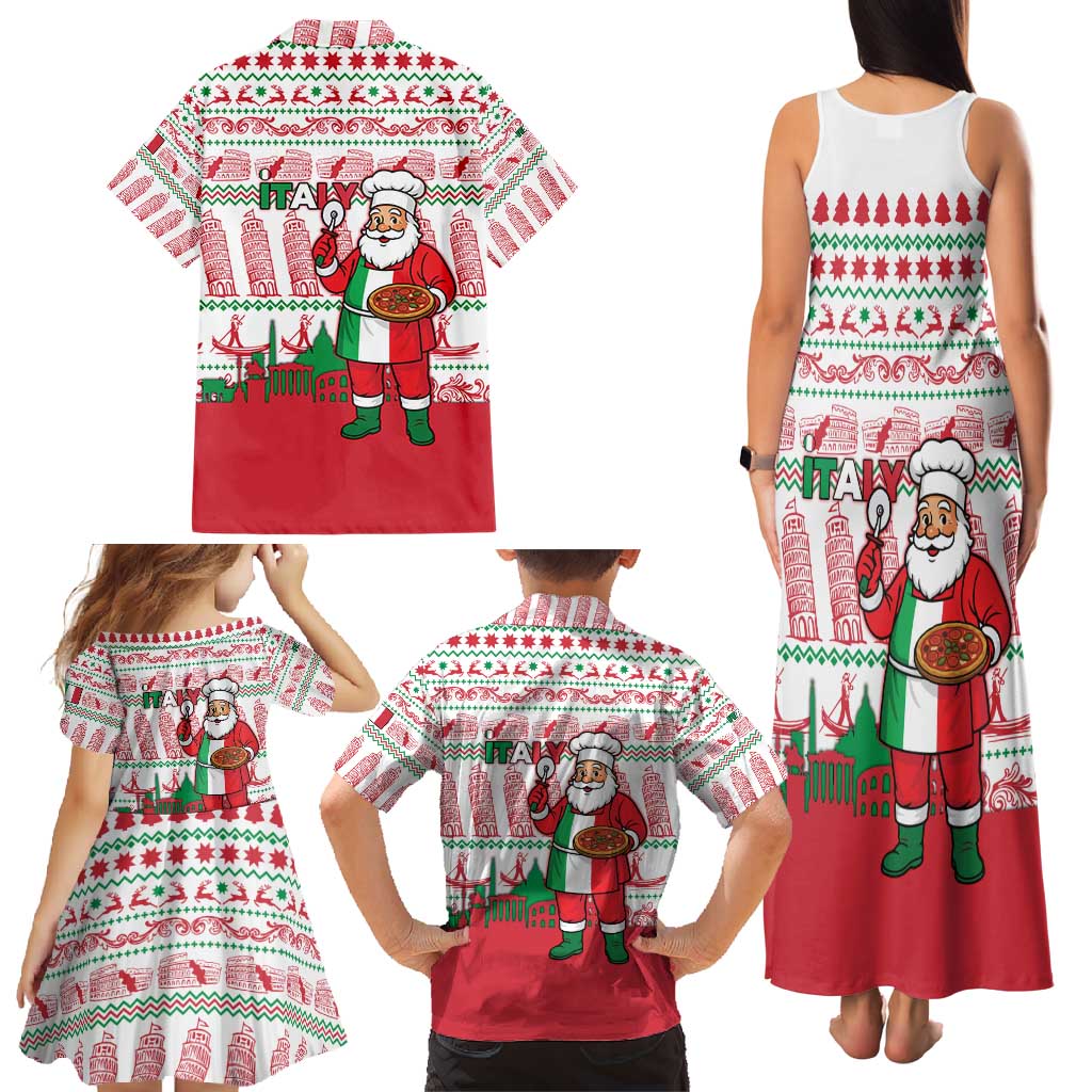 Italy Christmas Family Matching Tank Maxi Dress and Hawaiian Shirt with Pizza Chef Santa Leaning Tower Colosseum and Red Green Holiday Pattern Design - Wonder Print Shop