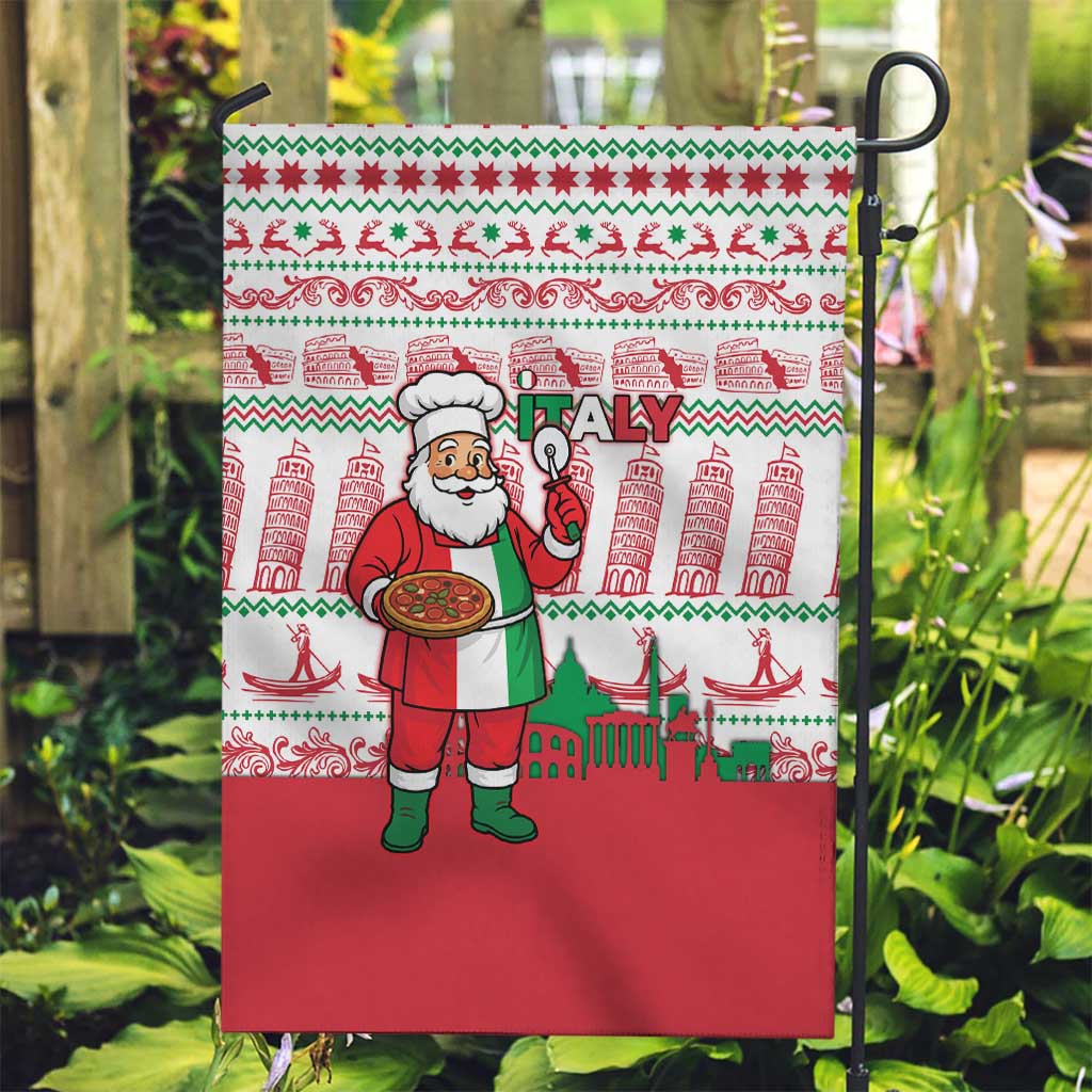 Italy Christmas Garden Flag with Pizza Chef Santa Leaning Tower Colosseum and Red Green Holiday Pattern Design - Wonder Print Shop