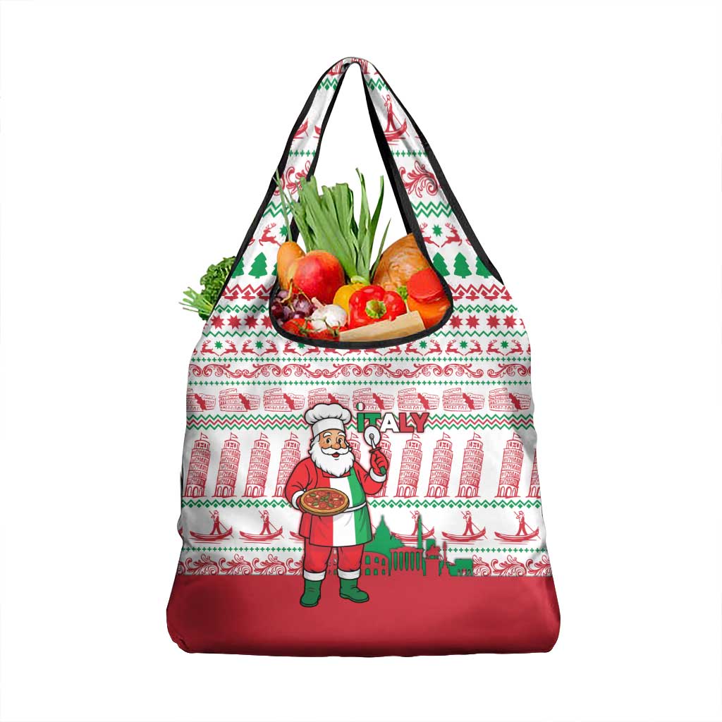 Italy Christmas Grocery Bag with Pizza Chef Santa Leaning Tower Colosseum and Red Green Holiday Pattern Design - Wonder Print Shop