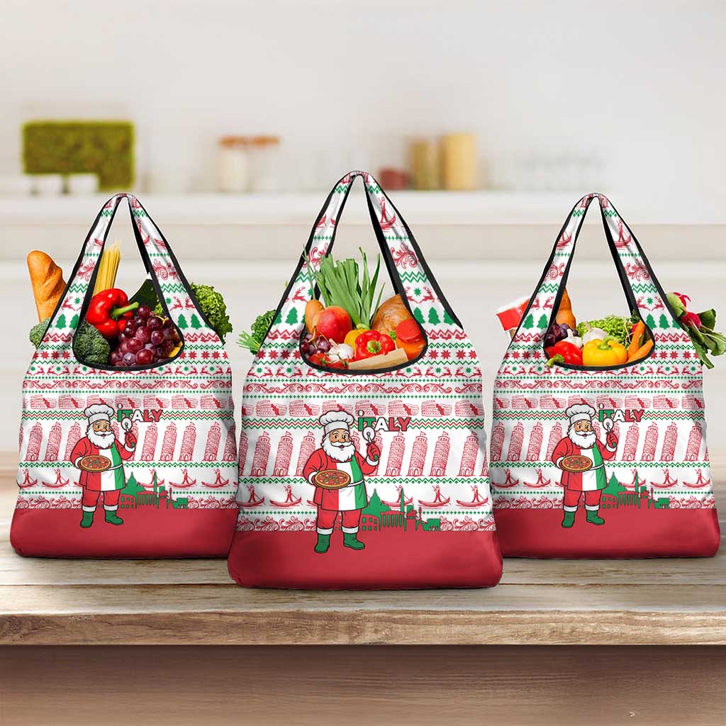 Italy Christmas Grocery Bag with Pizza Chef Santa Leaning Tower Colosseum and Red Green Holiday Pattern Design - Wonder Print Shop
