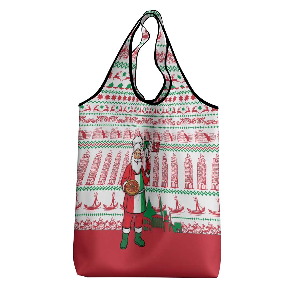 Italy Christmas Grocery Bag with Pizza Chef Santa Leaning Tower Colosseum and Red Green Holiday Pattern Design - Wonder Print Shop