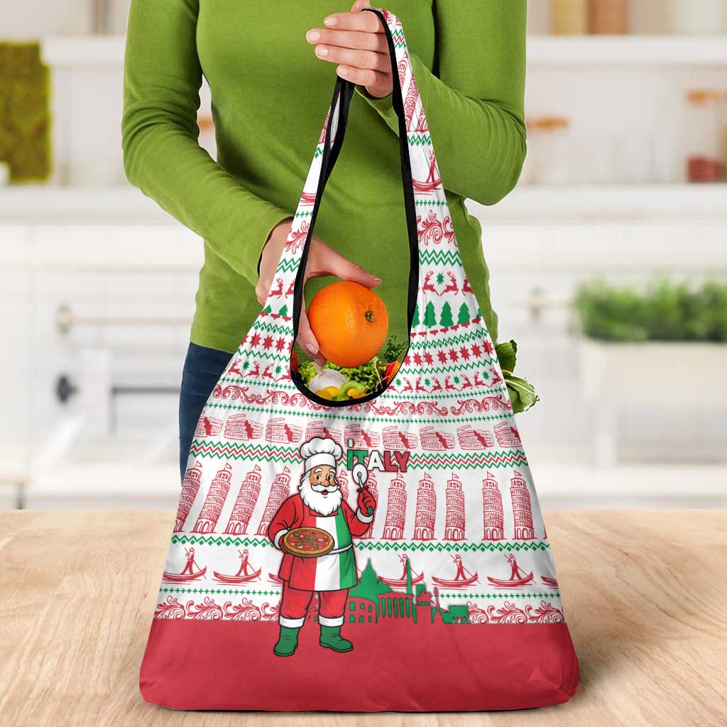 Italy Christmas Grocery Bag with Pizza Chef Santa Leaning Tower Colosseum and Red Green Holiday Pattern Design - Wonder Print Shop