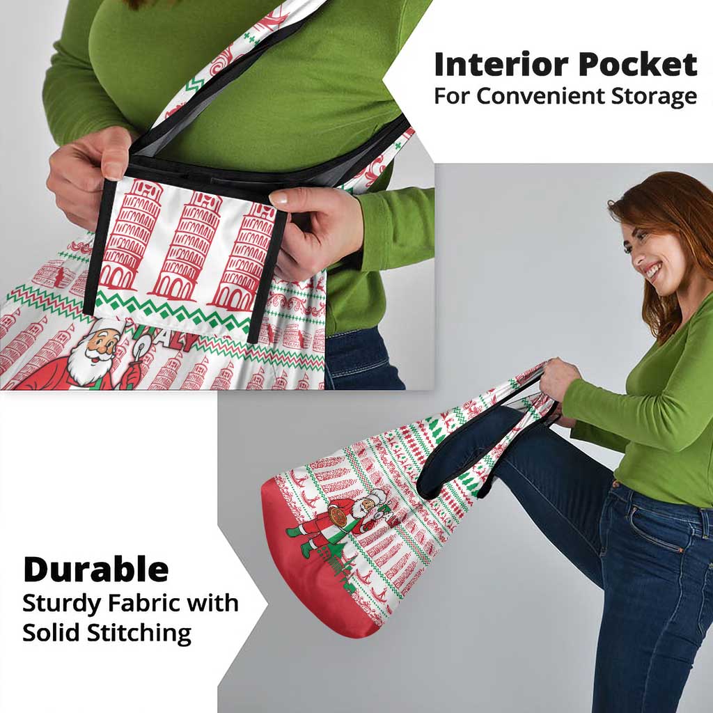 Italy Christmas Grocery Bag with Pizza Chef Santa Leaning Tower Colosseum and Red Green Holiday Pattern Design - Wonder Print Shop