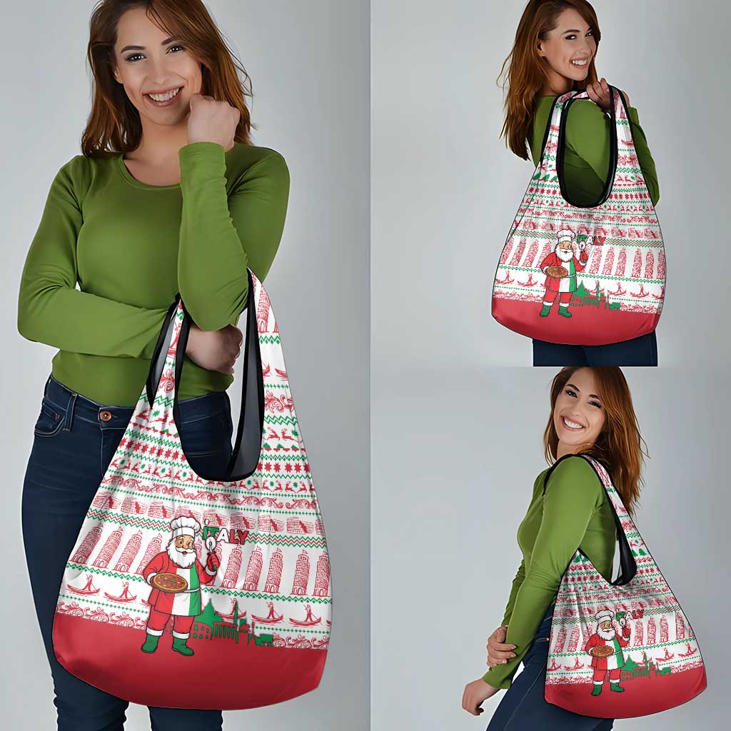 Italy Christmas Grocery Bag with Pizza Chef Santa Leaning Tower Colosseum and Red Green Holiday Pattern Design - Wonder Print Shop