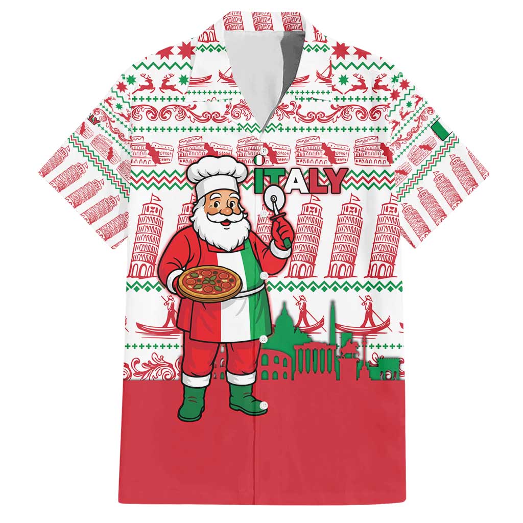 Italy Christmas Hawaiian Shirt with Pizza Chef Santa Leaning Tower Colosseum and Red Green Holiday Pattern Design - Wonder Print Shop