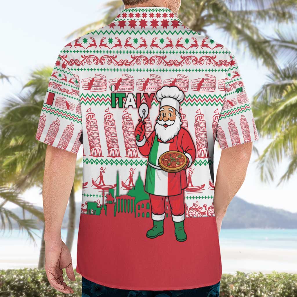 Italy Christmas Hawaiian Shirt with Pizza Chef Santa Leaning Tower Colosseum and Red Green Holiday Pattern Design - Wonder Print Shop