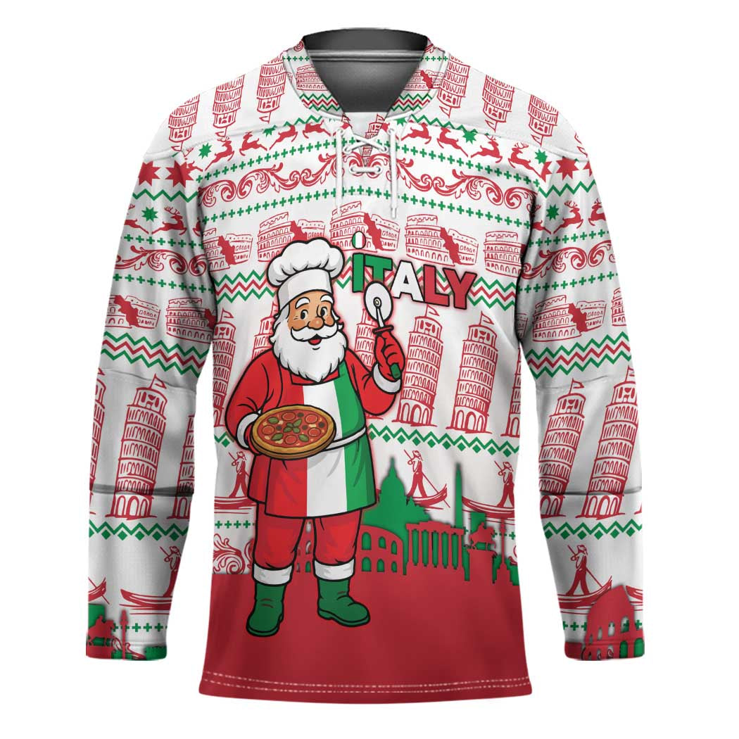 Italy Christmas Hockey Jersey with Pizza Chef Santa Leaning Tower Colosseum and Red Green Holiday Pattern Design - Wonder Print Shop