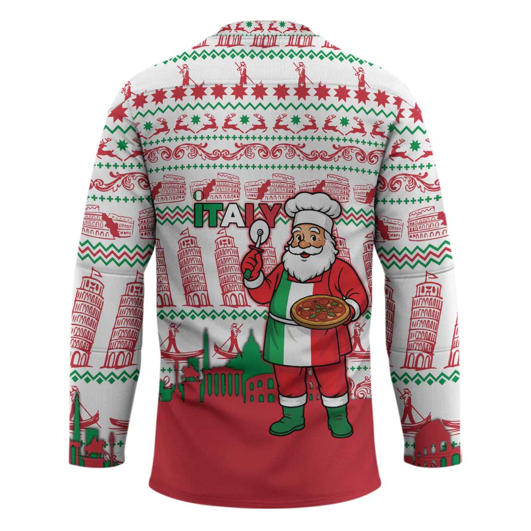 Italy Christmas Hockey Jersey with Pizza Chef Santa Leaning Tower Colosseum and Red Green Holiday Pattern Design - Wonder Print Shop