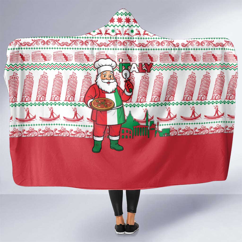 Italy Christmas Hooded Blanket with Pizza Chef Santa Leaning Tower Colosseum and Red Green Holiday Pattern Design - Wonder Print Shop