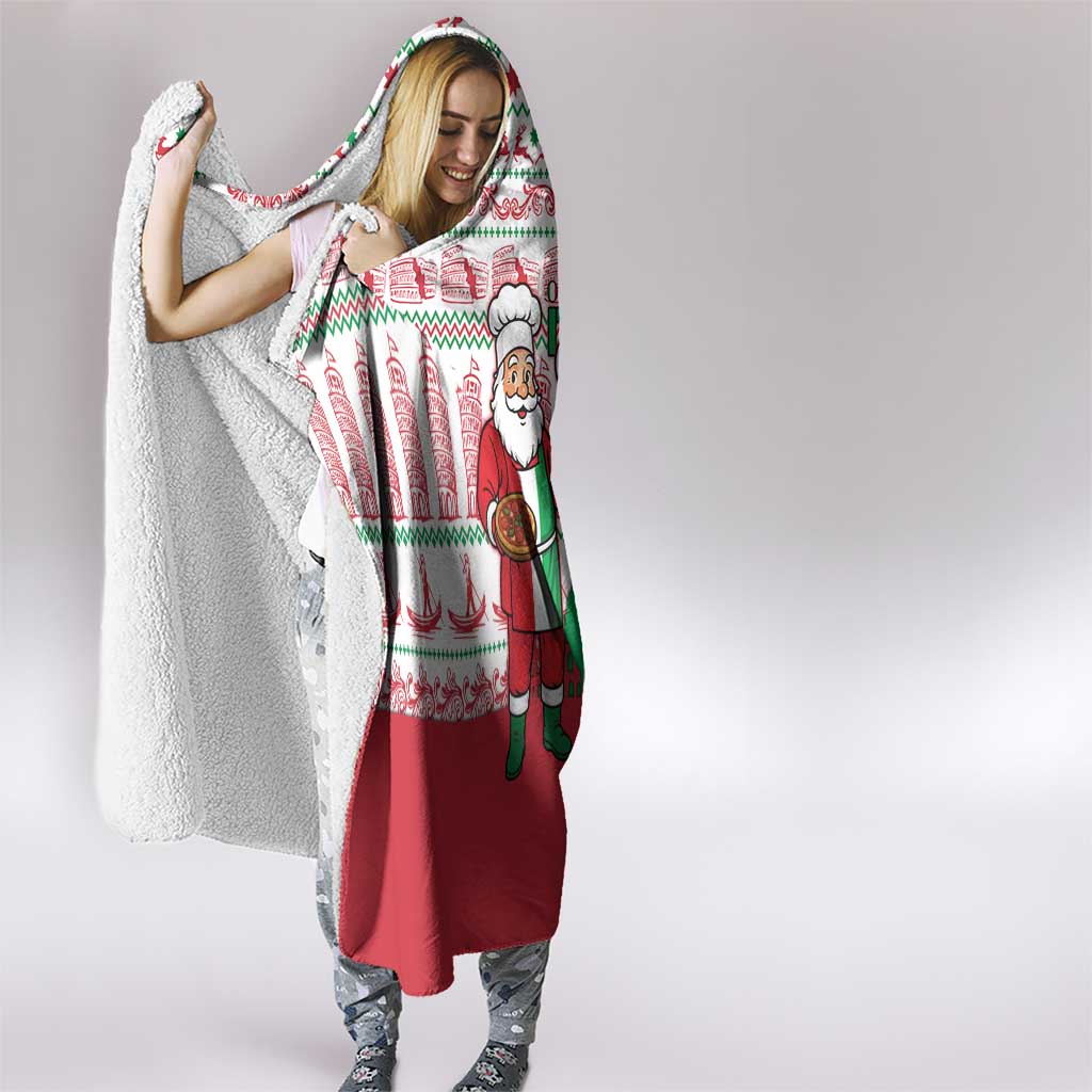Italy Christmas Hooded Blanket with Pizza Chef Santa Leaning Tower Colosseum and Red Green Holiday Pattern Design - Wonder Print Shop