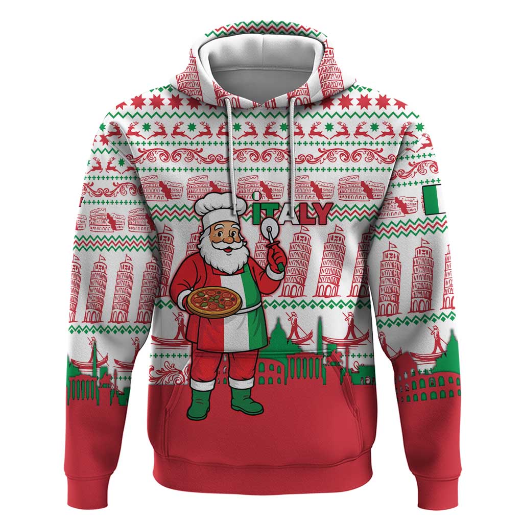 Italy Christmas Hoodie with Pizza Chef Santa Leaning Tower Colosseum and Red Green Holiday Pattern Design - Wonder Print Shop