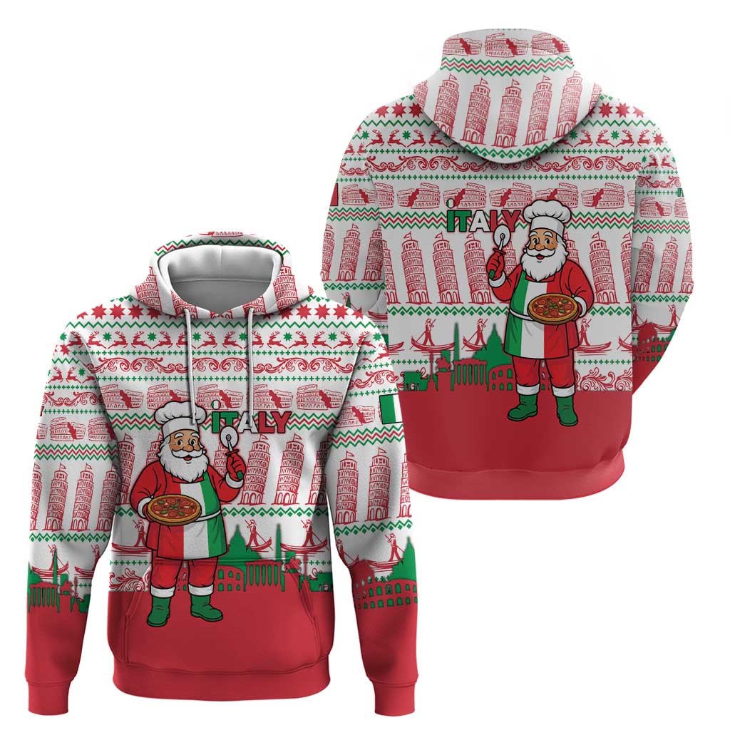 Italy Christmas Hoodie with Pizza Chef Santa Leaning Tower Colosseum and Red Green Holiday Pattern Design - Wonder Print Shop