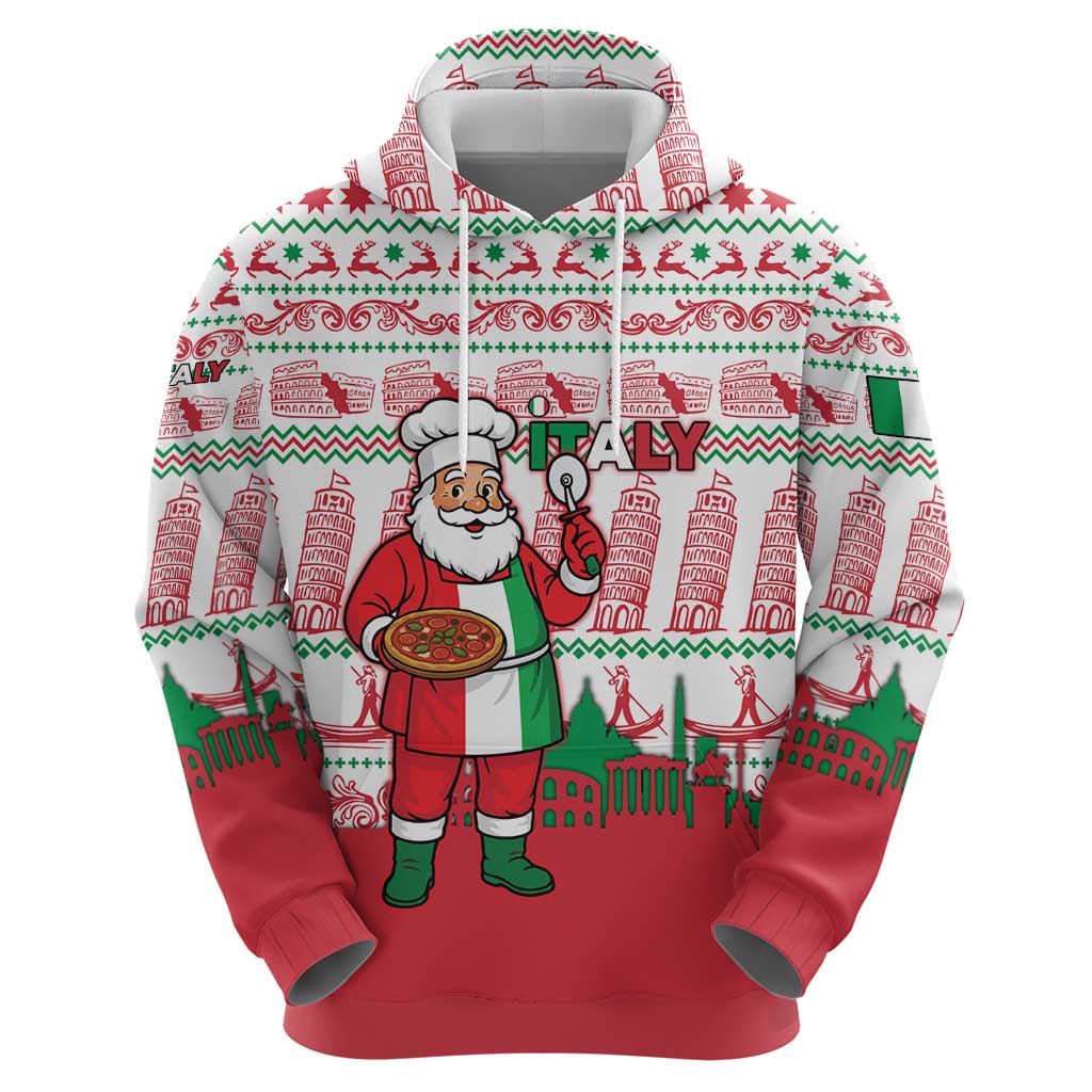 Italy Christmas Hoodie with Pizza Chef Santa Leaning Tower Colosseum and Red Green Holiday Pattern Design - Wonder Print Shop