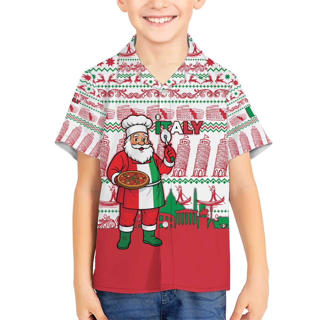 Italy Christmas Kid Hawaiian Shirt with Pizza Chef Santa Leaning Tower Colosseum and Red Green Holiday Pattern Design - Wonder Print Shop