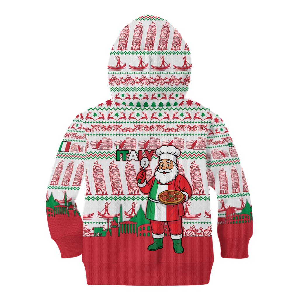 Italy Christmas Kid Hoodie with Pizza Chef Santa Leaning Tower Colosseum and Red Green Holiday Pattern Design - Wonder Print Shop