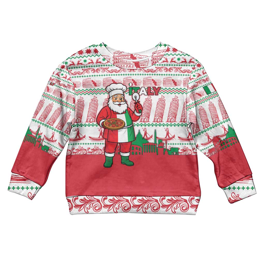Italy Christmas Kid Ugly Christmas Sweater with Pizza Chef Santa Leaning Tower Colosseum and Red Green Holiday Pattern Design - Wonder Print Shop