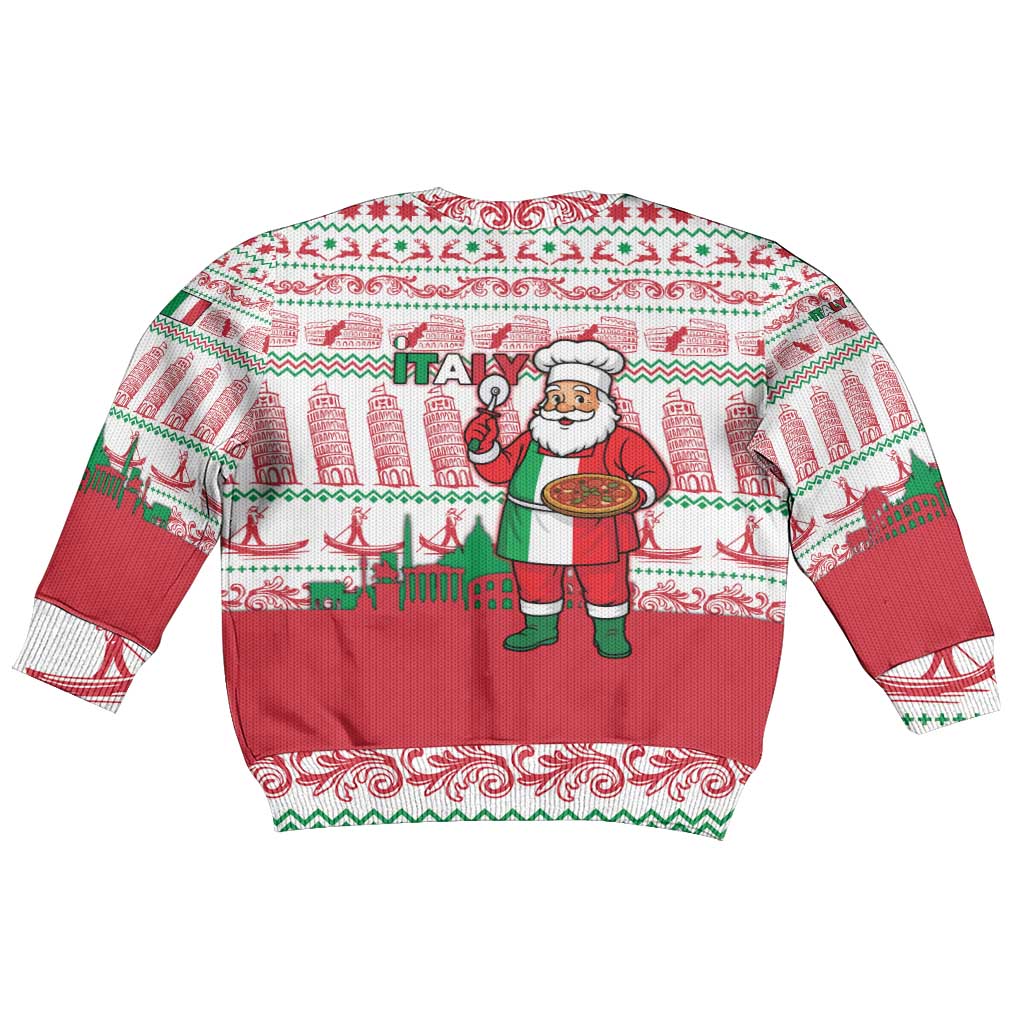 Italy Christmas Kid Ugly Christmas Sweater with Pizza Chef Santa Leaning Tower Colosseum and Red Green Holiday Pattern Design - Wonder Print Shop