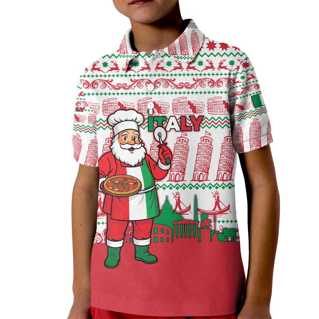 Italy Christmas Kid Polo Shirt with Pizza Chef Santa Leaning Tower Colosseum and Red Green Holiday Pattern Design - Wonder Print Shop