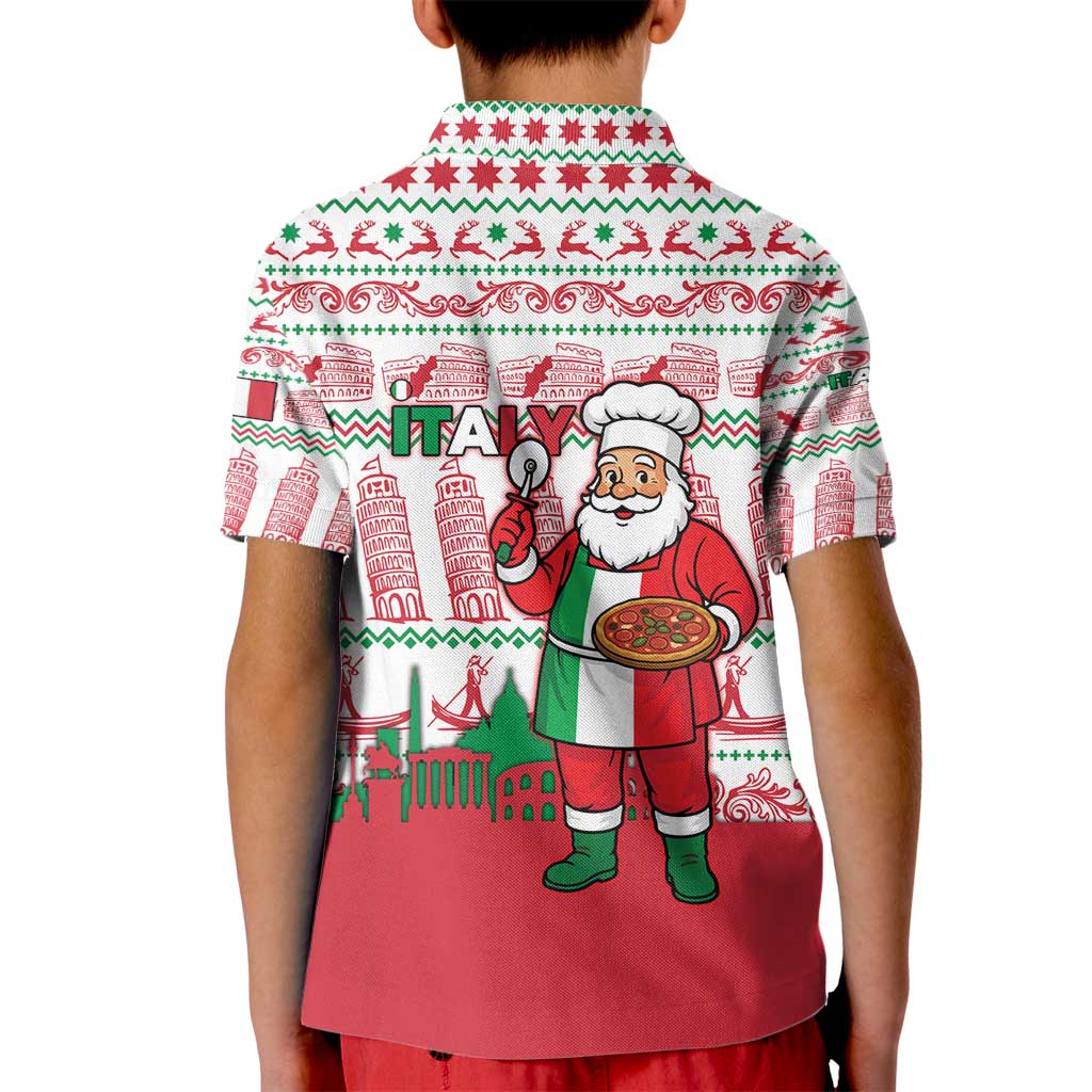 Italy Christmas Kid Polo Shirt with Pizza Chef Santa Leaning Tower Colosseum and Red Green Holiday Pattern Design - Wonder Print Shop