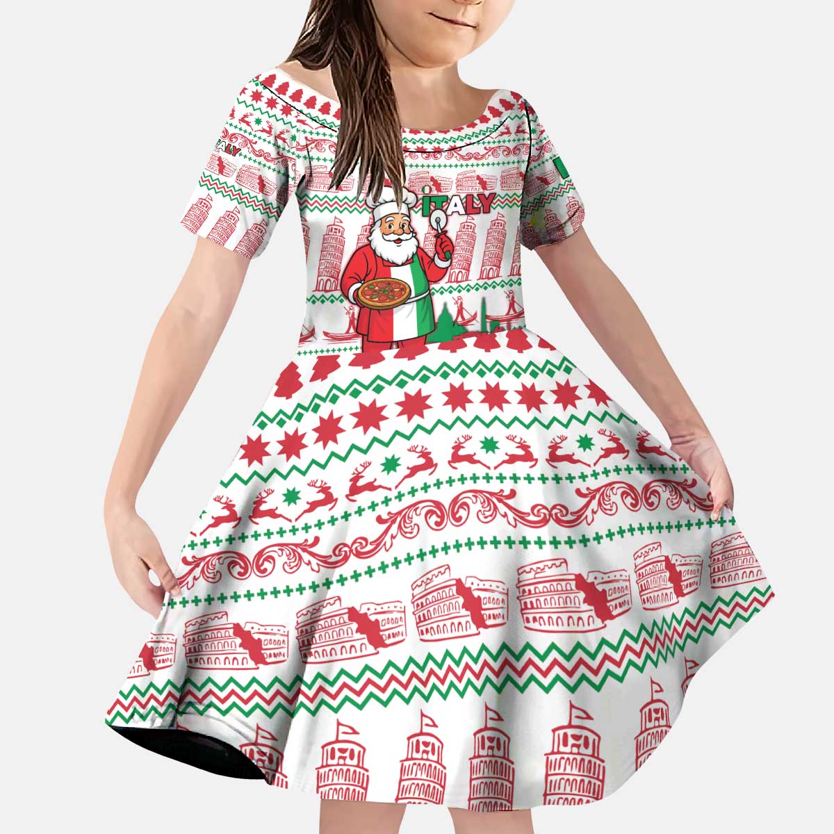 Italy Christmas Kid Short Sleeve Dress with Pizza Chef Santa Leaning Tower Colosseum and Red Green Holiday Pattern Design - Wonder Print Shop