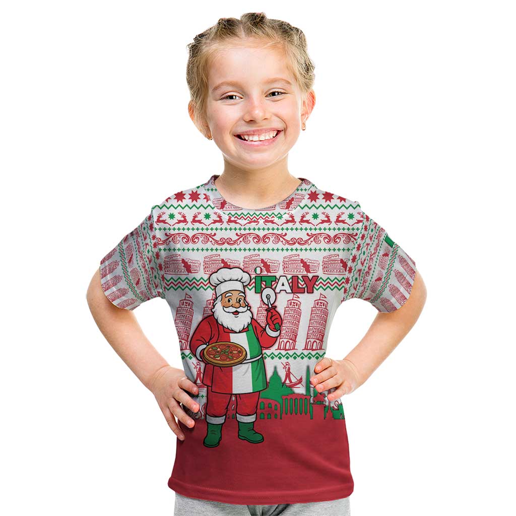 Italy Christmas Kid T Shirt with Pizza Chef Santa Leaning Tower Colosseum and Red Green Holiday Pattern Design - Wonder Print Shop