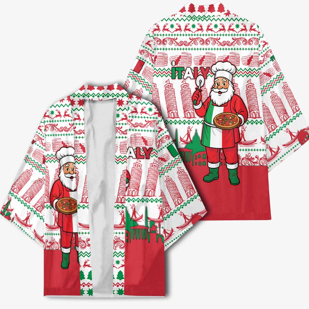Italy Christmas Kimono with Pizza Chef Santa Leaning Tower Colosseum and Red Green Holiday Pattern Design - Wonder Print Shop