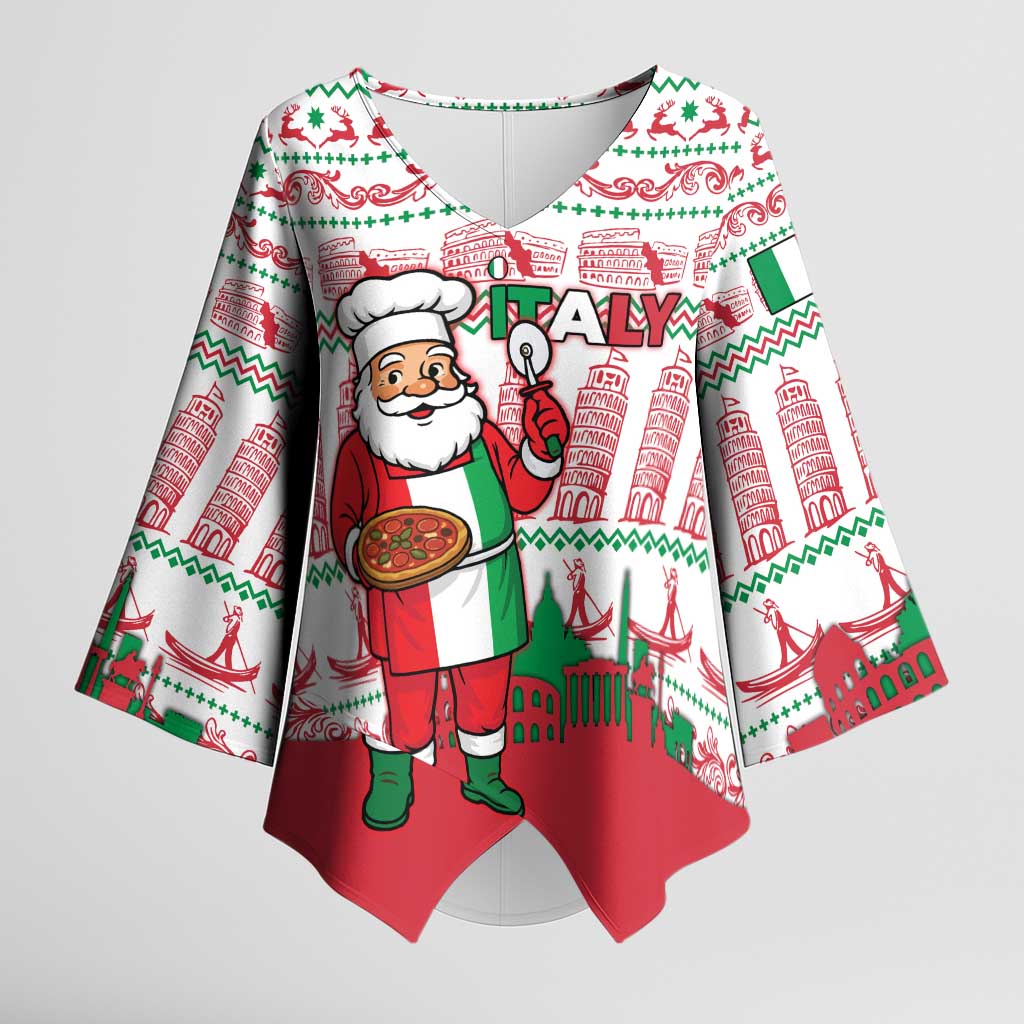 Italy Christmas Kimono Sleeve Blouse with Pizza Chef Santa Leaning Tower Colosseum and Red Green Holiday Pattern Design - Wonder Print Shop