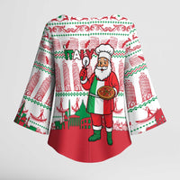 Italy Christmas Kimono Sleeve Blouse with Pizza Chef Santa Leaning Tower Colosseum and Red Green Holiday Pattern Design - Wonder Print Shop