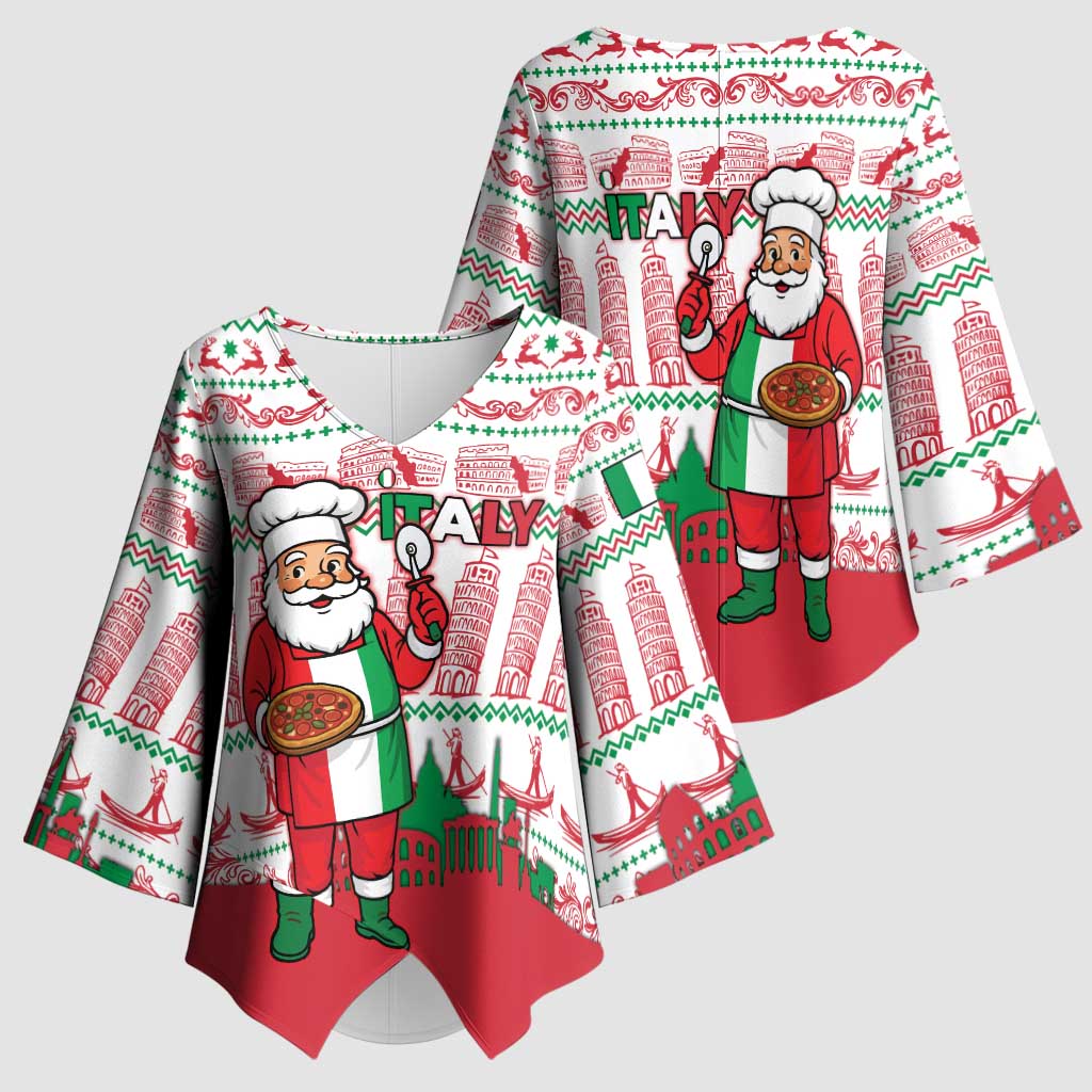 Italy Christmas Kimono Sleeve Blouse with Pizza Chef Santa Leaning Tower Colosseum and Red Green Holiday Pattern Design - Wonder Print Shop